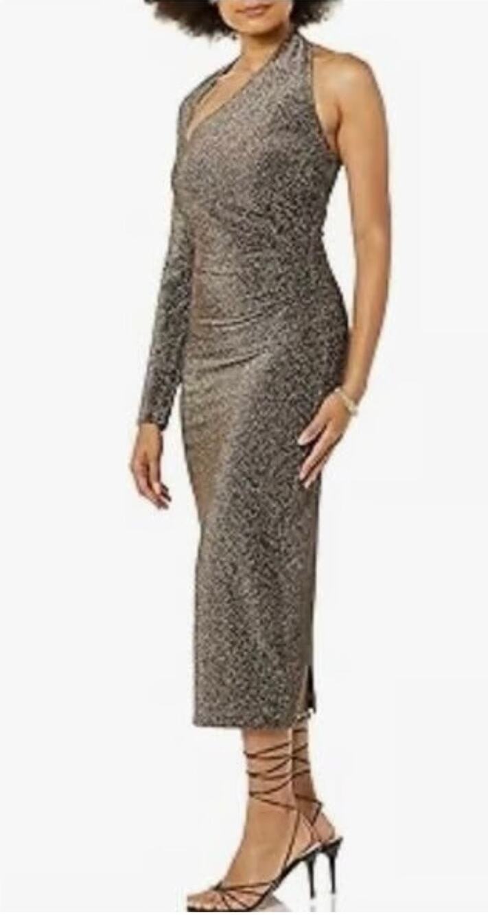 Terea Gold Metallic One Shoulder Midi Dress L NWT